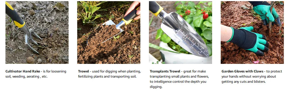 Garden Tool Set 4 Pack With Trowel, Cultivator Hand Rake, Transplant Trowel, Gardening Gloves For Weeding, Loosening Soil
