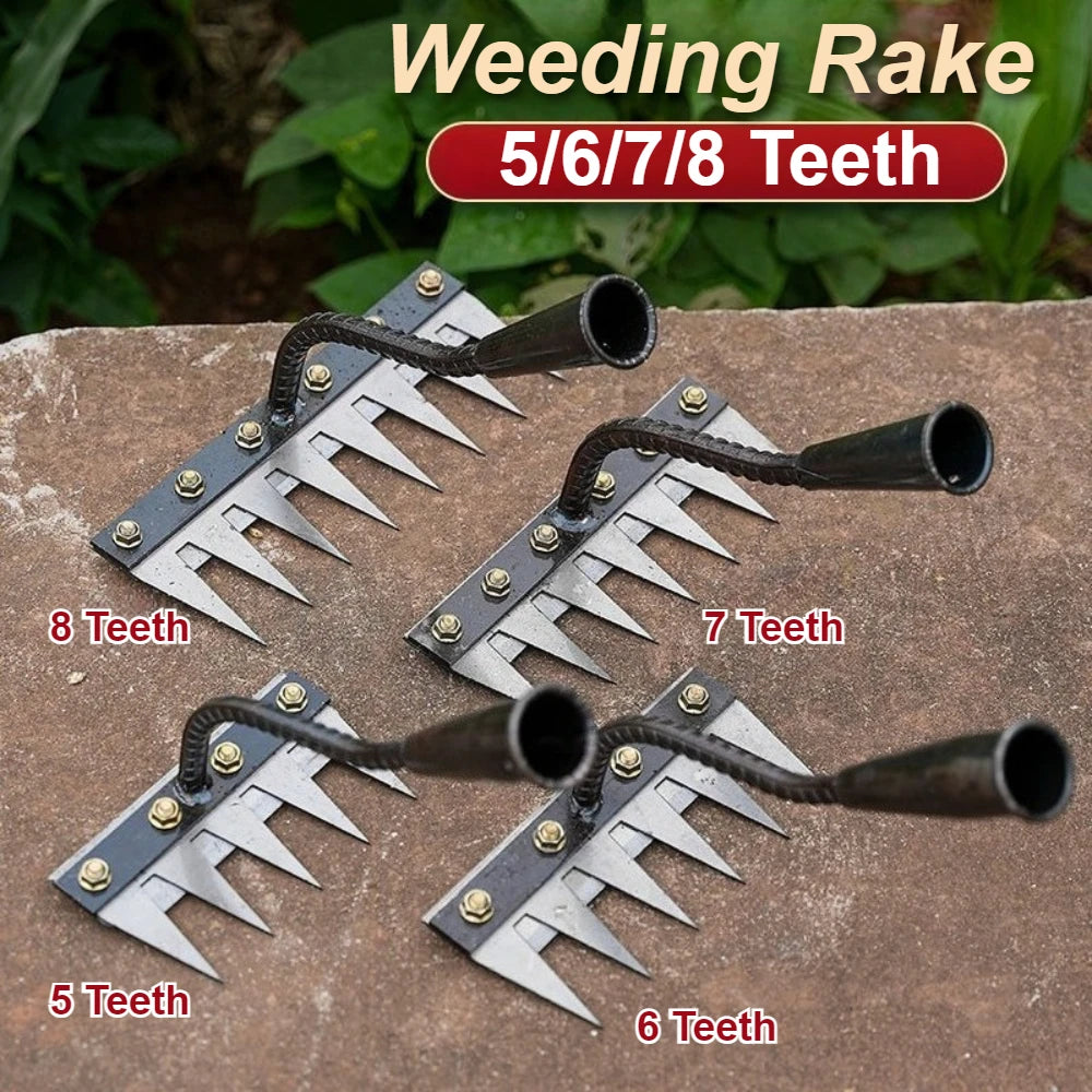 Garden Weed Remover Tools 5/6/7/8 Teeth Carbon Steel Gardening Manual Tools Weeding Rake for Vegetable Backyard Planting Weeder